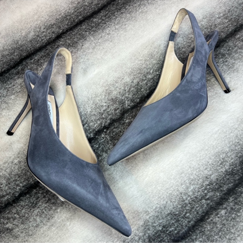 Jimmy Choo Ivy 85 mm Dusk Grey Suede Point Toe Slingback Heels - Picture 3 of 10